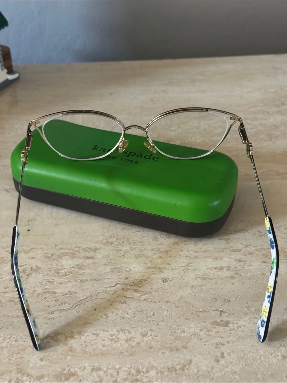 kate spade prescription Gold and Black Cat-Eye Glasses with Floral Temple Tip